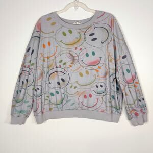 Easel Smiley Face Sweatshirt Graffiti Print Gray Cotton Size L